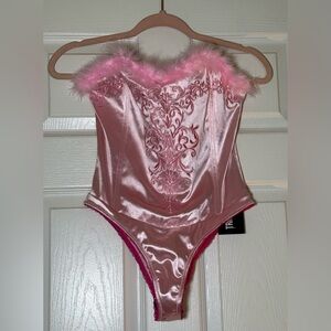Women’s Pink Feather-Trim Bodysuit